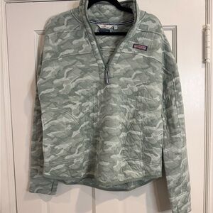 Vineyard Vines Light Sage Green Camo Quilted Quarter‑Zip Sweater